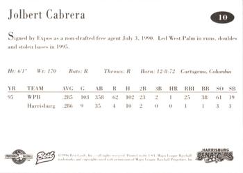1996 Best Harrisburg Senators #10 Jolbert Cabrera Back