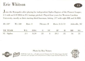 1996 Best Hudson Valley Renegades #13 Eric Whitson Back