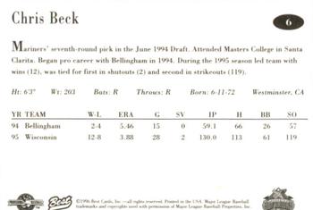 1996 Best Lancaster JetHawks #6 Chris Beck Back