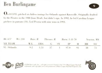 1996 Best Iowa Cubs #9 Ben Burlingame Back