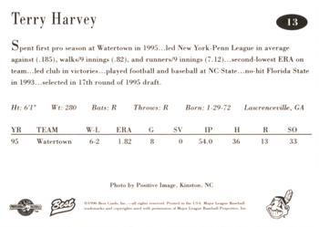 1996 Best Kinston Indians #13 Terry Harvey Back