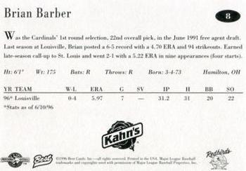 1996 Best Louisville Redbirds #8 Brian Barber Back