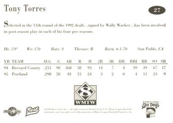 1996 Best Portland Sea Dogs #27 Tony Torres Back
