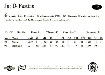 1996 Best Sarasota Red Sox #12 Joe DePastino Back