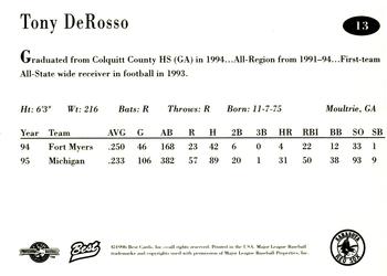 1996 Best Sarasota Red Sox #13 Tony DeRosso Back