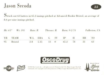 1996 Best South Bend Silver Hawks #22 Jason Secoda Back