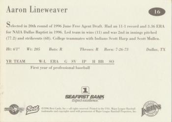 1996 Best Spokane Indians #16 Aaron Lineweaver Back