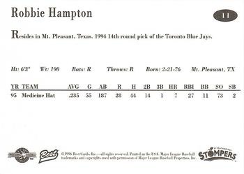 1996 Best St. Catharines Stompers #11 Robbie Hampton Back
