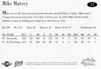 1996 Best St. Petersburg Cardinals #17 Mike Matvey Back