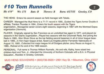 1996 Best Toledo Mud Hens #2 Tom Runnells Back