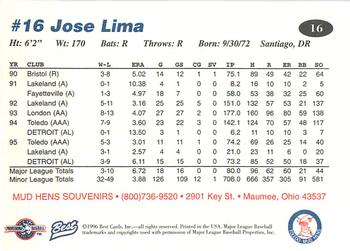 1996 Best Toledo Mud Hens #16 Jose Lima Back