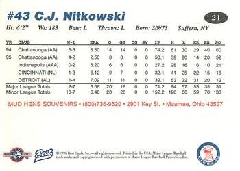 1996 Best Toledo Mud Hens #21 C.J. Nitkowski Back