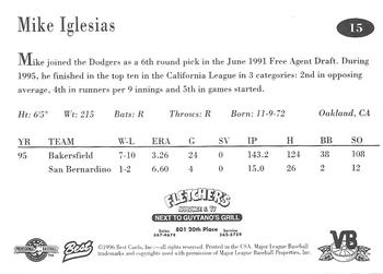 1996 Best Vero Beach Dodgers #15 Mike Iglesias Back