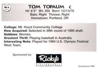 1996 Grandstand Bellingham Giants #BG 6 Tom Topaum Back