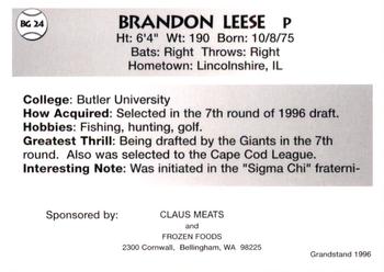 1996 Grandstand Bellingham Giants #BG 24 Brandon Leese Back