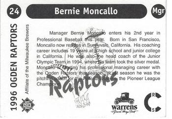 1996 Ogden Raptors #24 Bernie Moncallo Back