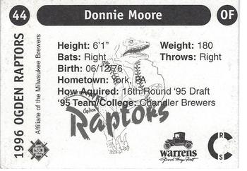 1996 Ogden Raptors #44 Donnie Moore Back