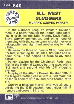 1986 Fleer #640 N.L. West Sluggers (Dale Murphy / Steve Garvey / Dave Parker) Back
