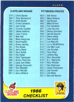1986 Fleer #660 Checklist: Indians / Pirates / Special Cards Front