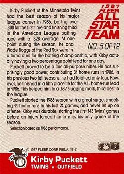 1987 Fleer - Fleer All-Star Team #5 Kirby Puckett Back