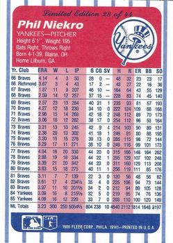 1986 Fleer League Leaders #28 Phil Niekro Back