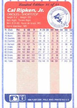 1986 Fleer League Leaders #35 Cal Ripken, Jr. Back