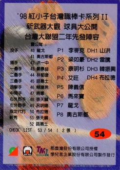 1998 Taiwan Major League Red Boy New Weapon Presentation #54 Checklist 2 Back