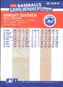 1987 Fleer Baseball's Game Winners #18 Dwight Gooden Back
