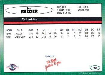 1998 Blueline Q-Cards Kissimmee Cobras #22 Jim Reeder Back