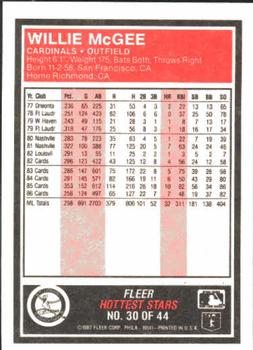 1987 Fleer Baseball's Hottest Stars #30 Willie McGee Back