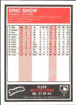 1987 Fleer Baseball's Hottest Stars #37 Eric Show Back