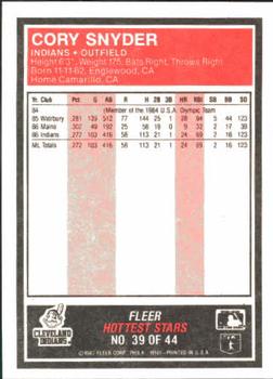 1987 Fleer Baseball's Hottest Stars #39 Cory Snyder Back