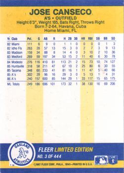 1987 Fleer Record Setters #3 Jose Canseco Back