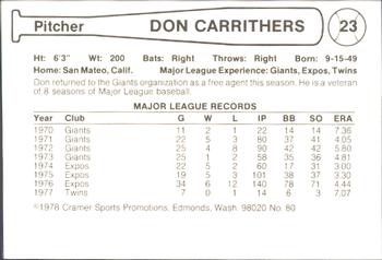1978 Cramer Phoenix Giants #80 Don Carrithers Back