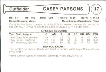 1978 Cramer Phoenix Giants #42 Casey Parsons Back