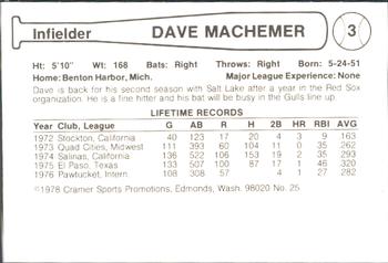 1978 Cramer Salt Lake Gulls #25 Dave Machemer Back