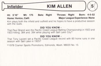 1978 Cramer Salt Lake Gulls #15 Kim Allen Back