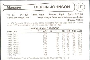 1978 Cramer Salt Lake Gulls #10 Deron Johnson Back
