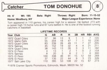 1978 Cramer Salt Lake Gulls #52 Tom Donohue Back