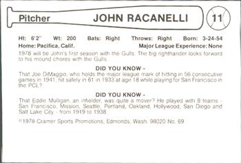 1978 Cramer Salt Lake Gulls #69 John Racanelli Back