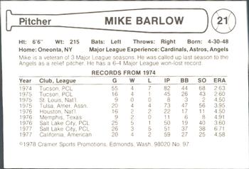 1978 Cramer Salt Lake Gulls #97 Mike Barlow Back