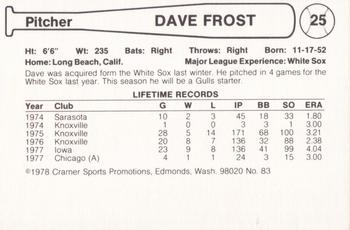 1978 Cramer Salt Lake Gulls #83 Dave Frost Back
