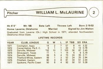 1978 Cramer Spokane Indians #NNO William McLaurine Back
