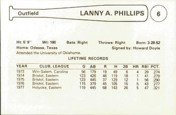 1978 Cramer Spokane Indians #NNO Lanny Phillips Back