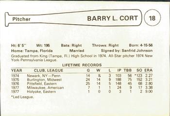 1978 Cramer Spokane Indians #NNO Barry Cort Back