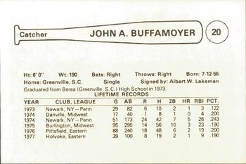 1978 Cramer Spokane Indians #NNO John Buffamoyer Back