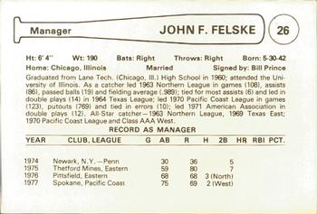 1978 Cramer Spokane Indians #NNO John Felske Back