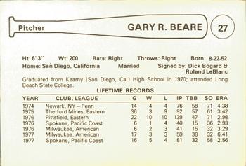 1978 Cramer Spokane Indians #NNO Gary Beare Back