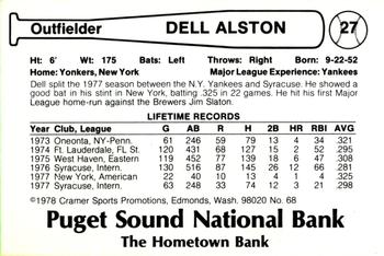 1978 Cramer Tacoma Yankees #68 Dell Alston Back