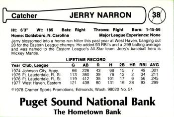 1978 Cramer Tacoma Yankees #54 Jerry Narron Back